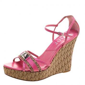 Pre Owned Dior Pink Leather and Canvas Diorissimo Wedge Sandals Size 39