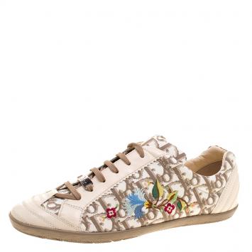 Pre Owned Dior Cream Leather and Floral Embroidered Canvas Lace Up Sneakers Size 40.5