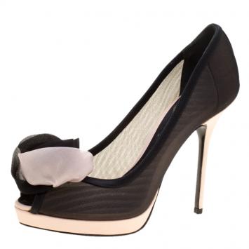 Pre Owned Dior Black/Blush Pink Mesh and Satin Chiffon Flower Peep Toe Platform Pumps Size 38