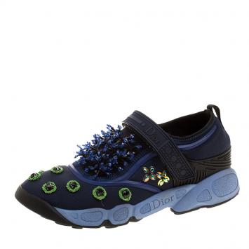 Pre Owned Dior Blue Crystal And Sequins Embellished Fabric Fusion Sneakers Size 36