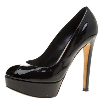 Pre Owned Dior Black Patent Leather Miss Dior Peep Toe Platform Pumps Size 36.5