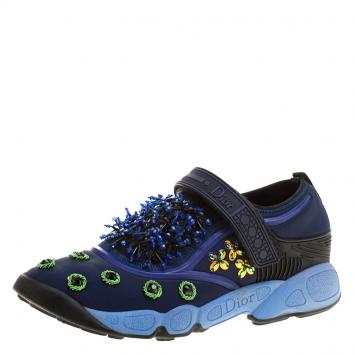 Pre Owned Dior Blue Crystal And Sequins Embellished Fabric Fusion Sneakers Size 37.5