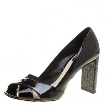 Pre Owned Dior Black Patent Leather Cross Strap Peep Toe Cannage Heel Pumps Size 38