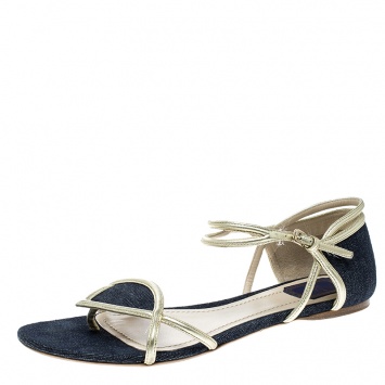 Pre Owned Dior Blue Denim Ankle Strap Thong Flat Sandals Size 40
