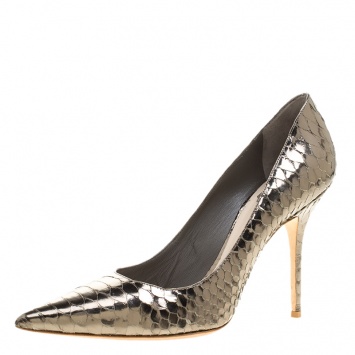 Pre Owned Dior Metallic Dull Silver Python Leather Pointed Toe Pumps Size 39.5