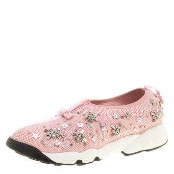 Pre Owned Dior Pink Crystal Embellished Mesh Fusion Slip On Sneakers Size 39