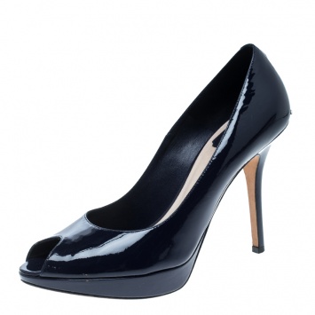 Pre Owned Dior Blue Patent Leather Miss Dior Peep Toe Platform Pumps Size 39.5