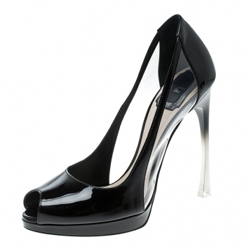 Pre Owned Dior Black Patent Leather And PVC Perspex Heel Peep Toe Platform Pumps Size 38