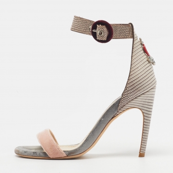 Pre Owned Dior Size 37 Multicolor Lizard Embossed Leather and Velvet Ankle Strap Sandals
