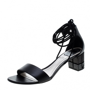Pre Owned Dior Black Leather Rainbow Stellar Block Heel Lace Up Sandals Size 40.5 