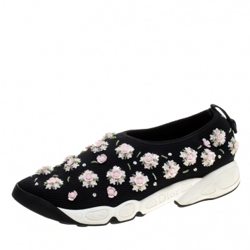 Pre Owned Dior Black Mesh Fusion Floral Embellished Slip On Sneakers Size 41
