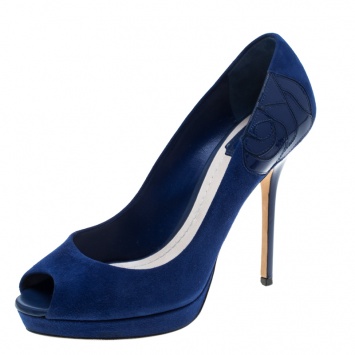 Pre Owned Dior Blue Suede and Patent Leather Miss Dior Peep Toe Platform Pumps Size 38.5