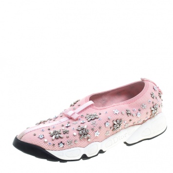 Pre Owned Dior Pink Mesh Fusion Crystal Embellished Sneakers Size 40