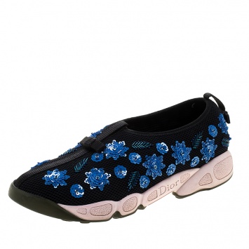 Pre Owned Dior Black Sequins Embellished Mesh Fusion Slip On Sneakers Size 38.5
