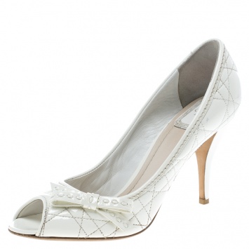 Pre Owned Christian Dior White Patent Cannage Leather Bow Detail Peep Toe Pumps Size 39