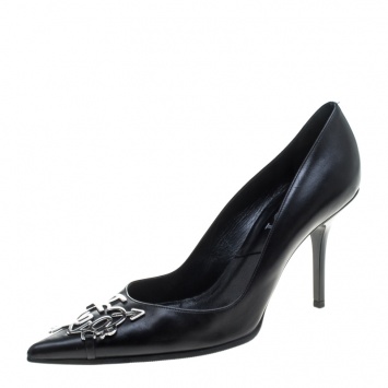 Pre Owned Dior Black Leather Dior Plaque Pointed Toe Pumps Size 36.5