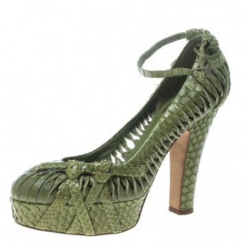 Pre Owned Dior Green Python Leather Knot Detail Ankle Strap Platform Pumps Size 36