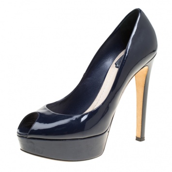 Pre Owned Dior Navy Blue Patent Leather Miss Dior Peep Toe Platform Pumps Size 38