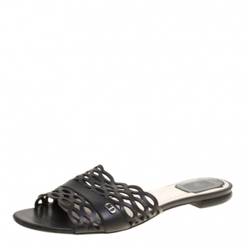 Pre Owned Dior Black Laser Cut Leather Tattoo Peep Toe Slides Size 38