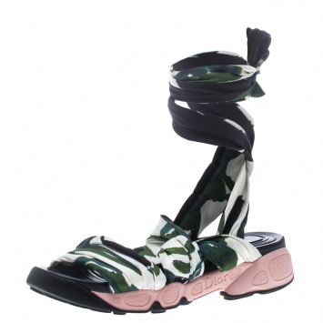 Pre Owned Dior Printed Satin Brooklyn Wrap Around Sandals Size 38