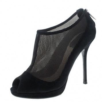 Pre Owned Dior Black Suede and Mesh Peep Toe Platform Booties Size 37