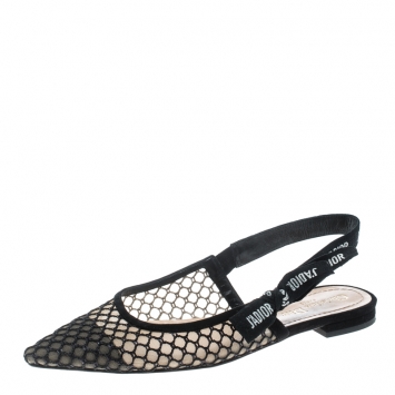 Pre Owned Dior Black Mesh J'adior Resille Pointed Toe Slingback Flats Size 39