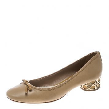 Pre Owned Dior Light Brown Leather Bow Detail Cannage Heel Pumps Size 39