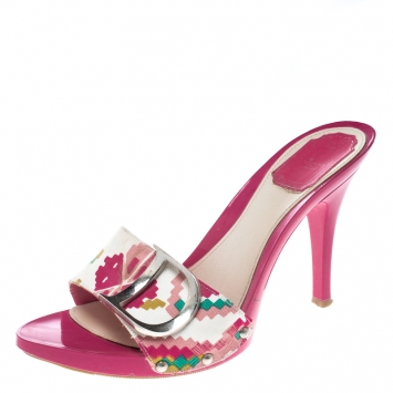Pre Owned Dior Multicolor Printed Cotton Peep Toe Slide Clogs Size 39.5