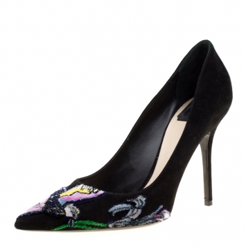 Pre Owned Dior Black Suede Embroidered Pointed Toe Pumps Size 41