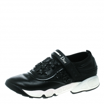 Pre Owned Dior Black Leather Floral Embroidered Fusion Sneakers Size 37.5