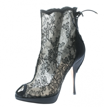 Pre Owned Dior Black Lace And Satin Mock Lace Up Peep Toe Ankle Booties Size 36