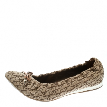 Pre Owned Dior Brown Diorissimo Canvas Bow Detail Scrunch Ballet Flats Size 39.5