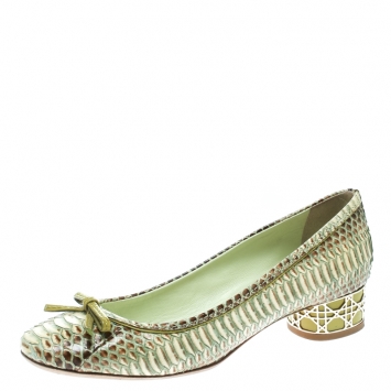 Pre Owned Dior Green Python Bow Detail Ballet Pumps Size 37