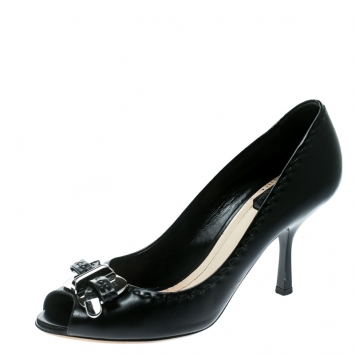Pre Owned Dior Black Leather Bow Peep Toe Pumps Size 38