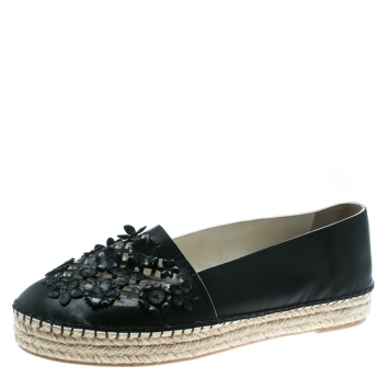 Pre Owned Dior Black Laser Cut Floral Embellished Leather Flore Espadrilles Size 39.5