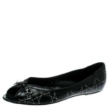 Pre Owned Dior Black Cannage Leather Bow Peep Toe Flats 37