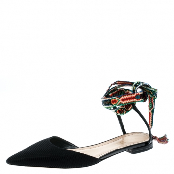 Pre Owned Dior Black Canvas J'adior Pointed Toe Ankle Wrap Flats Size 39