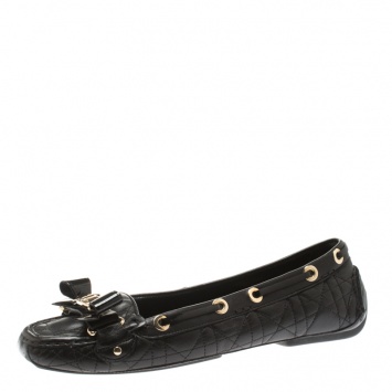 Pre Owned Dior Black Cannage Leather CD Bow Detail Slip On Loafers Size 39.5