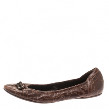 Pre Owned Dior Brown Cannage Leather Bow Detail Ballet Flats Size 39