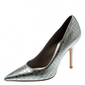 Pre Owned  Dior Metallic Silver Cannage Leather Cherie Pointed Toe Pumps Size 34.5