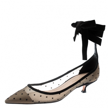 Pre Owned Dior Black Mesh And Suede Lovely D Polka Dot Ankle Wrap Pointed Toe Pumps Size 37