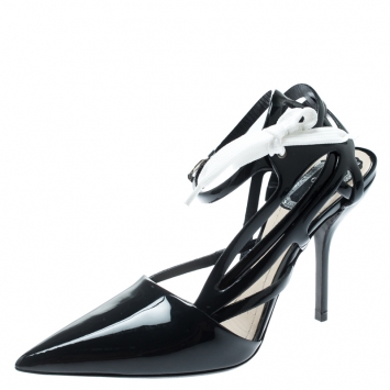 Pre Owned Dior Dark Blue Patent Leather Cut Out Ankle Strap Pointed Toe Sandals Size 36.5
