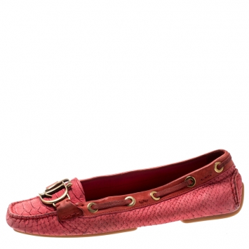 Pre Owned Dior Red Snake Embossed Suede And Leather CD Boatstitched Loafers Size 38