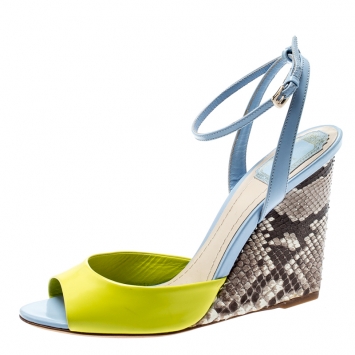 Pre Owned Dior Multicolor Leather And Python Leather Wedge Ankle Wrap Sandals Size 39
