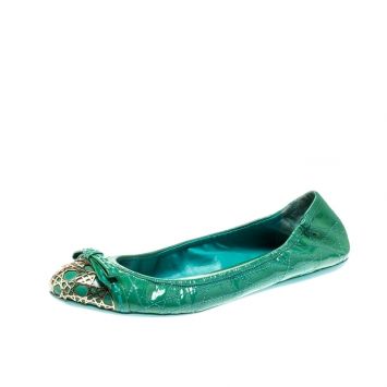 Pre Owned Dior Green Patent Cannage Leather Icon Metal Cap Toe Bow Scrunch Ballet Flats Size 38.5