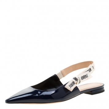 Pre Owned Dior Blue Patent Leather J'adior Ribbon Pointed Toe Slingback Sandals Size 39
