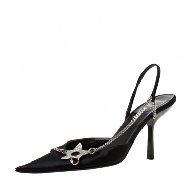 Pre Owned Dior Black Satin Star Embellished Pointed Toe Slingback Sandals Size 38