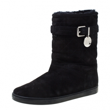 Pre Owned Dior Black Cannage Suede Fur Lined Snow Boots Size 38.5