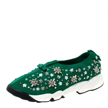 Pre Owned Dior Green Mesh Fusion Crystal Embellished Slip On Sneakers Size 39