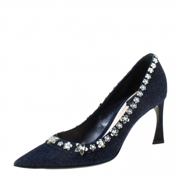 Pre Owned Dior Blue Crystal Embellished Denim Garland Pointed Toe Pumps Size 38